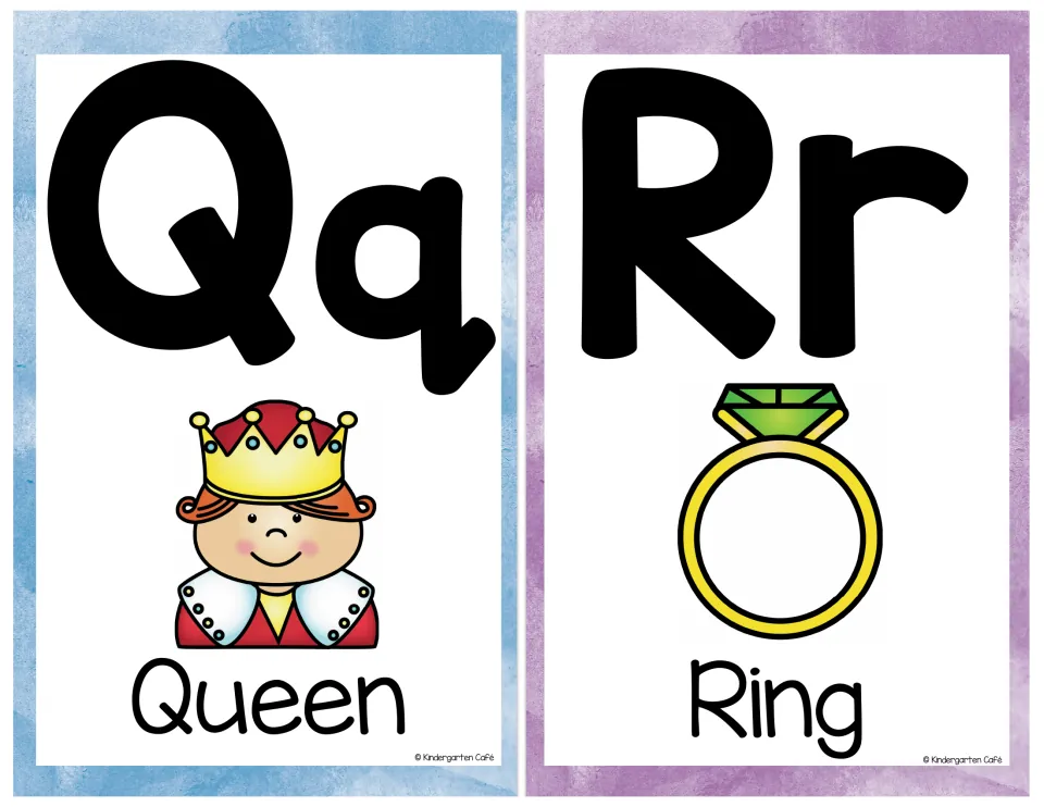 Letters Q and R: Qq alphabet card with a smiling crowned queen and Rr card with a gold ring set with a green gem