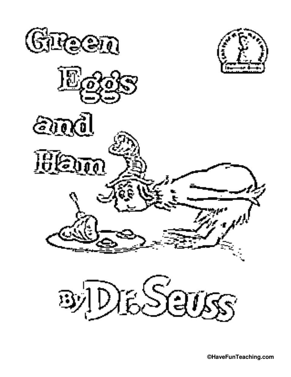 Green Eggs and Ham coloring page: students color the book cover art of Sam-I-Am leaning over a plate of eggs and ham