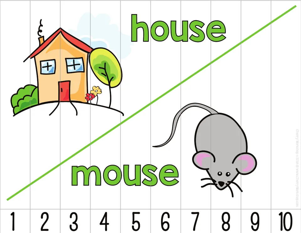 Number sequence puzzle featuring house and mouse pictures and labels, with 10 pieces numbered 1 through 10
