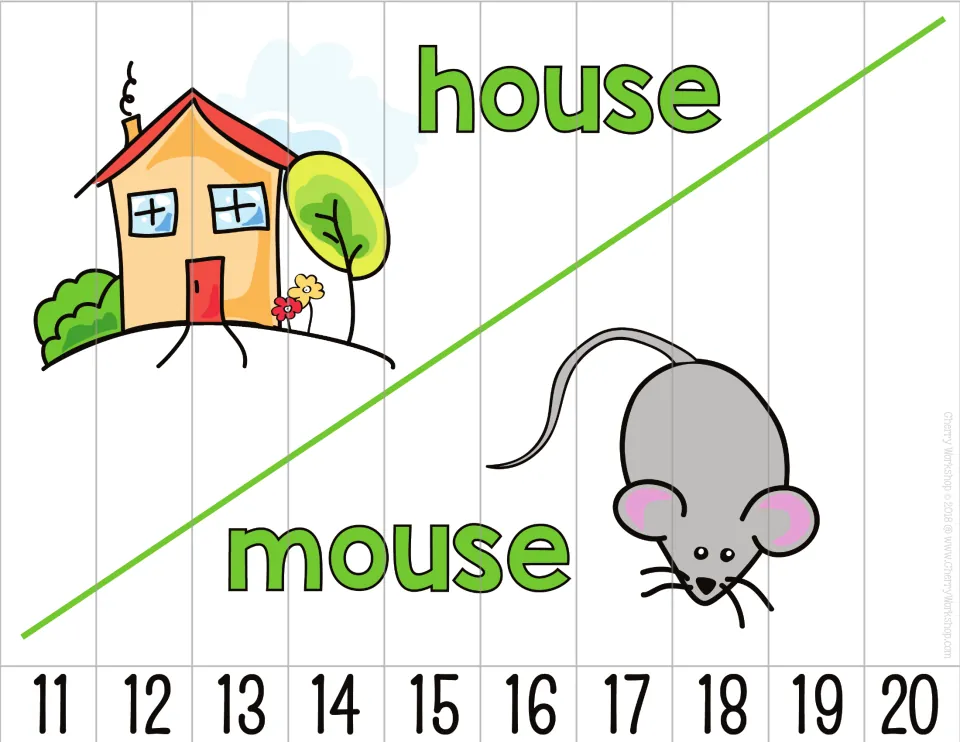 Number sequence puzzle featuring house and mouse pictures and labels, with 10 pieces numbered 11 through 20