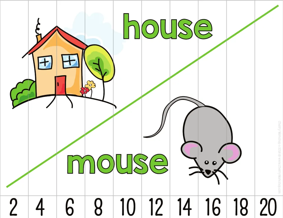 Number sequence puzzle featuring house and mouse pictures and labels, with 10 pieces counting by twos to 20