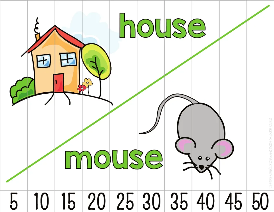 Number sequence puzzle featuring house and mouse pictures and labels, with 10 pieces counting by fives to 50