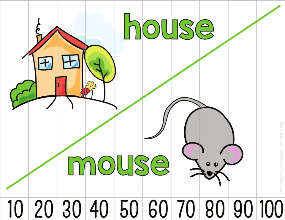 Number sequence puzzle featuring house and mouse pictures and labels, with 10 pieces counting by tens to 100