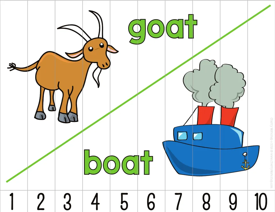 Number sequence puzzle featuring goat and boat pictures and labels, with 10 pieces numbered 1 through 10