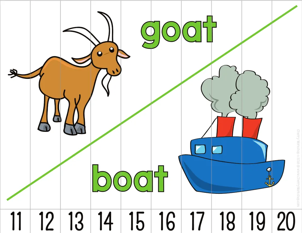 Number sequence puzzle featuring goat and boat pictures and labels, with 10 pieces numbered 11 through 20