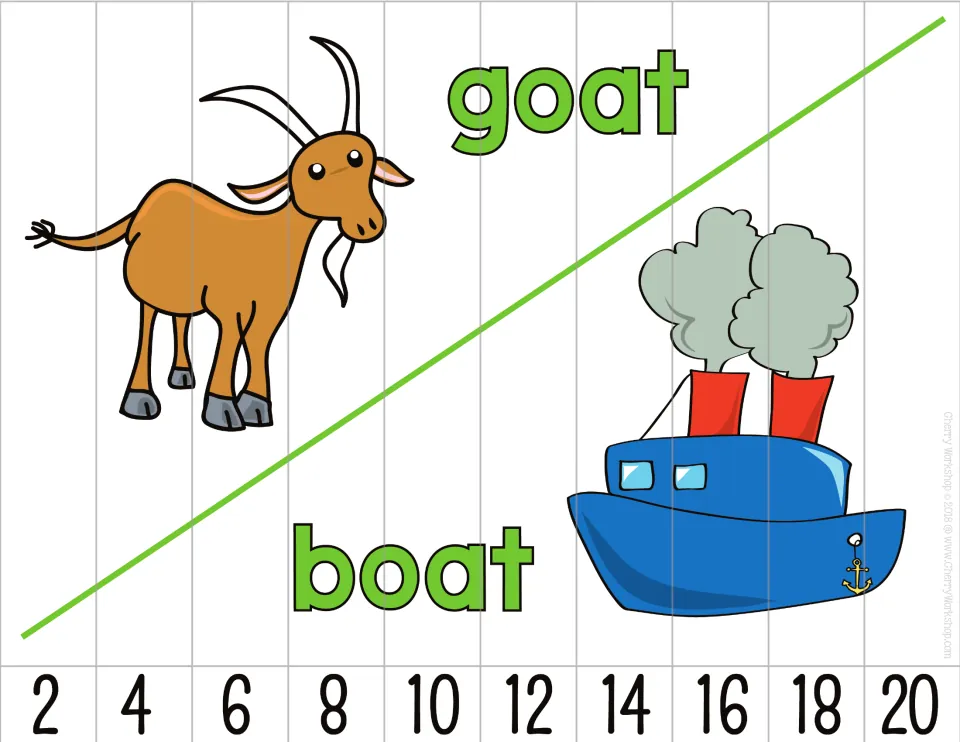 Number sequence puzzle featuring goat and boat pictures and labels, with 10 pieces counting by twos to 20