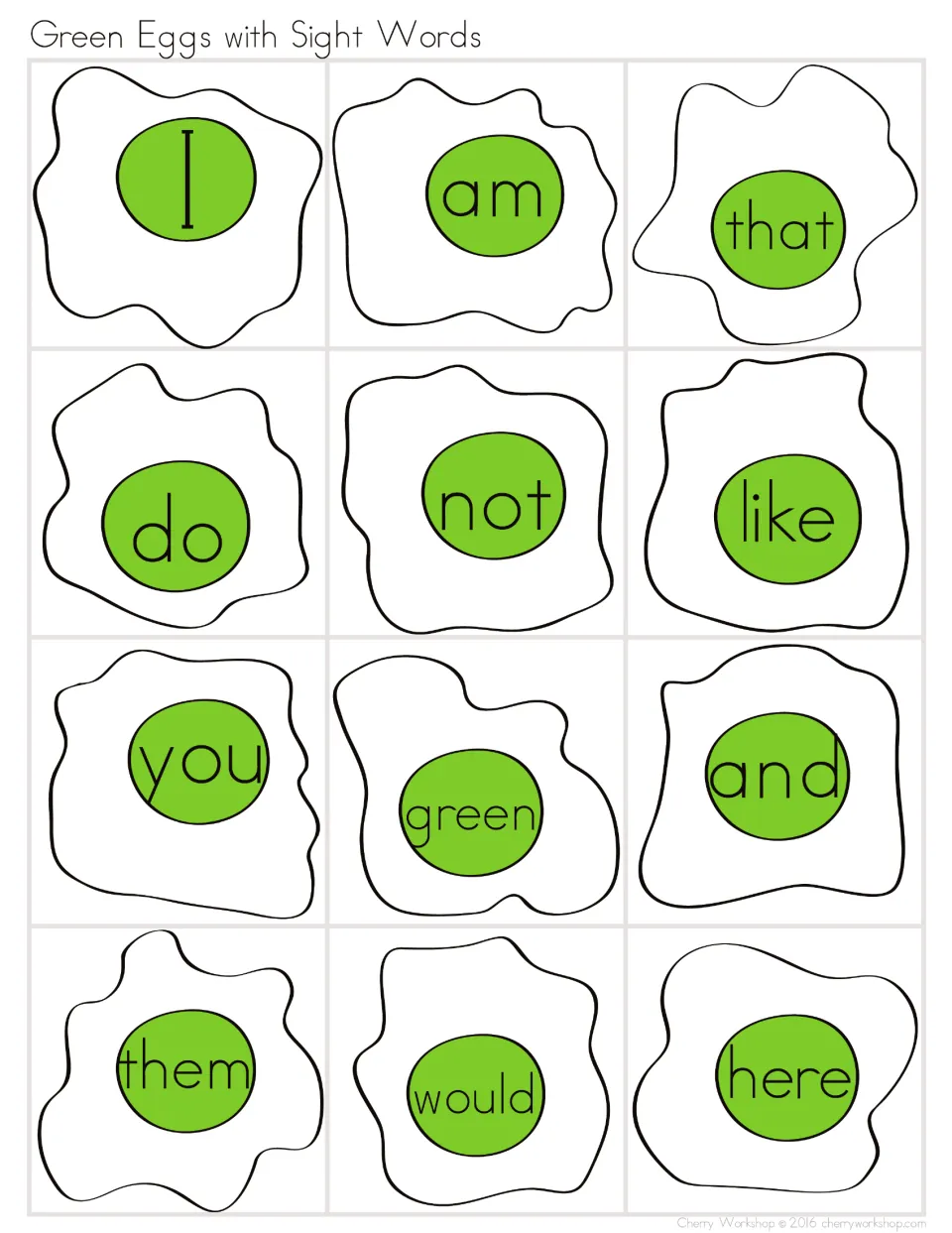 Green Eggs with Sight Words: 12 green-yolk egg cards to cut and read, from I, am, that, do, not, like to would and here