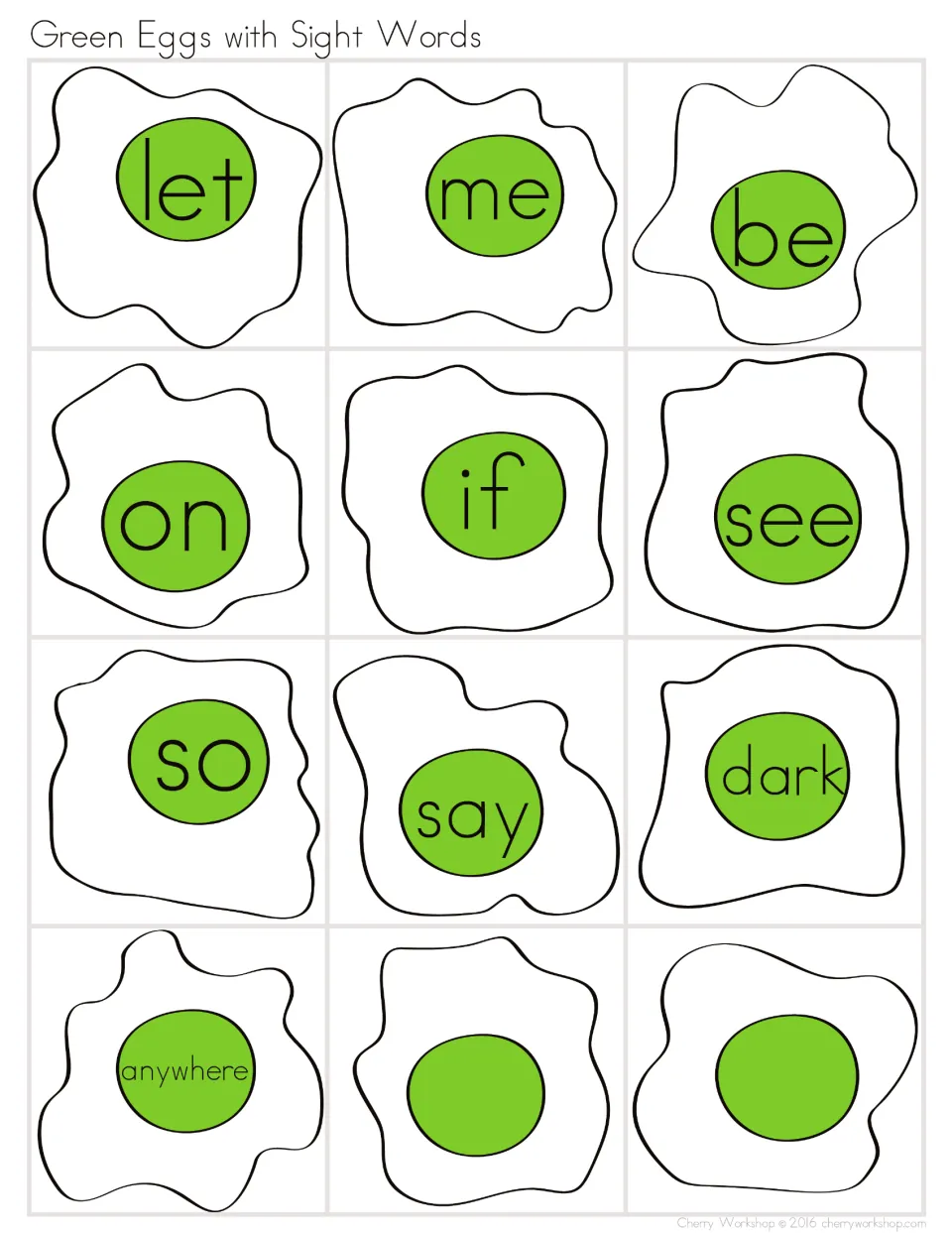 Green egg sight word cards for let, me, be, on, if, see, so, say, dark and anywhere, plus two blank yolks to fill in