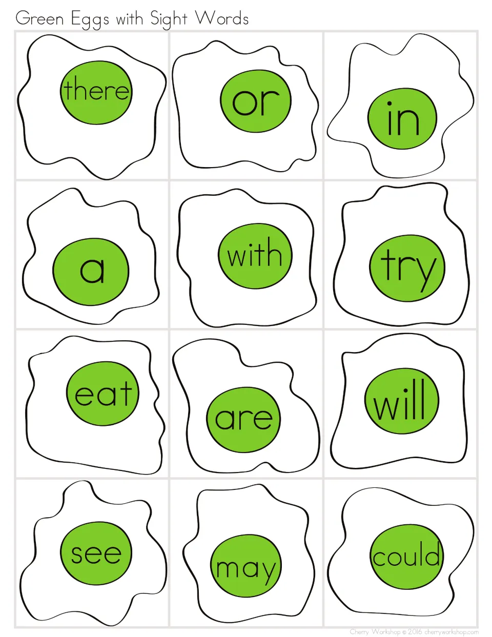 Green egg sight word cards to cut out and read: there, or, in, a, with, try, eat, are, will, see, may and could