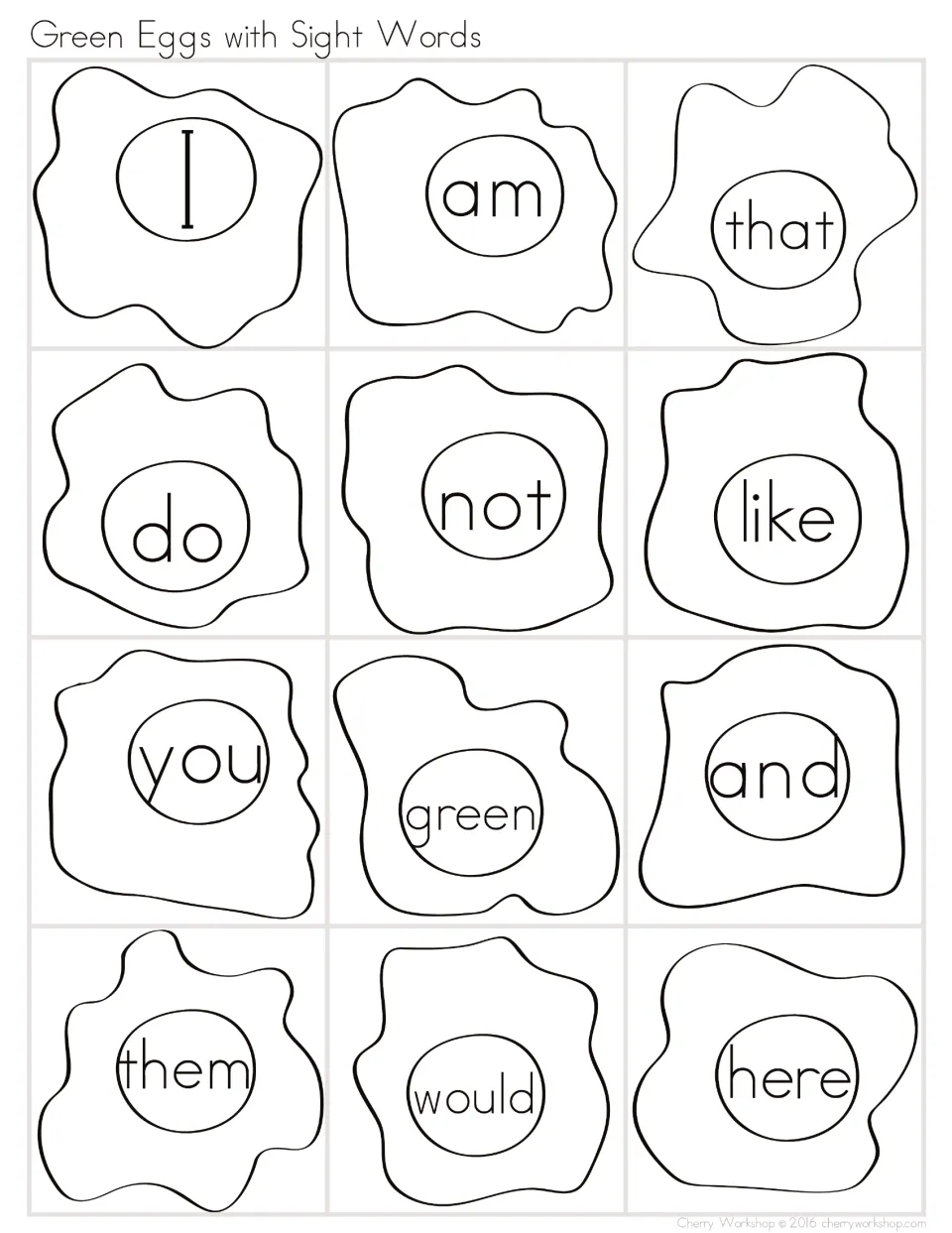 Sight word eggs to color and read: I, am, that, do, not, like, you, green, and, them, would and here, in black and white