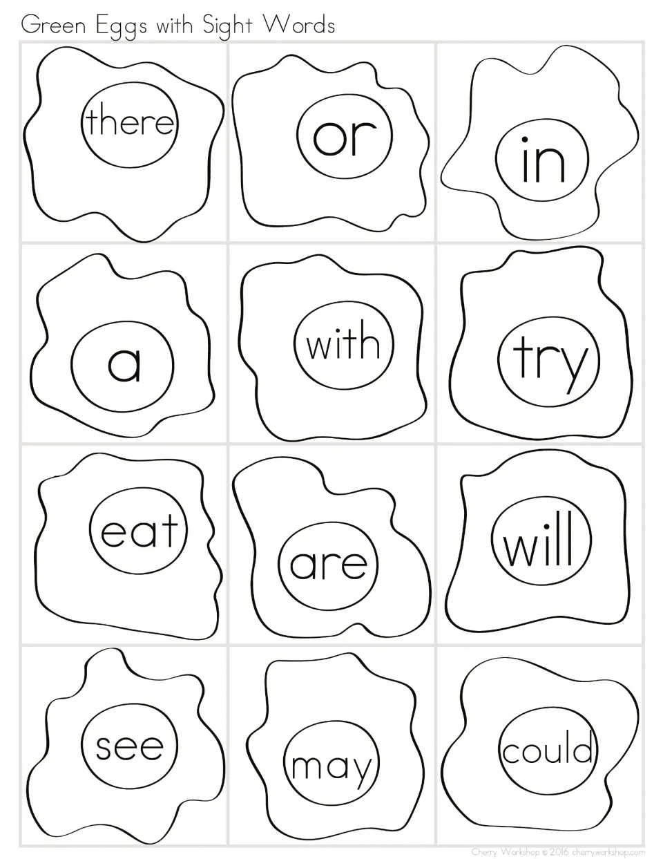 Uncolored egg sight word cards to color and read: there, or, in, a, with, try, eat, are, will, see, may and could