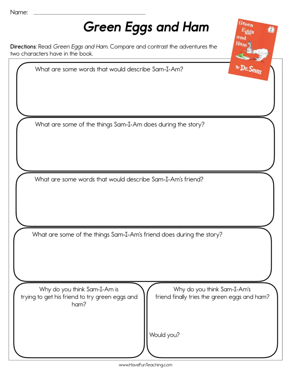 Character comparison worksheet: Sam-I-Am and his friend's traits, actions, and reasons for trying green eggs.