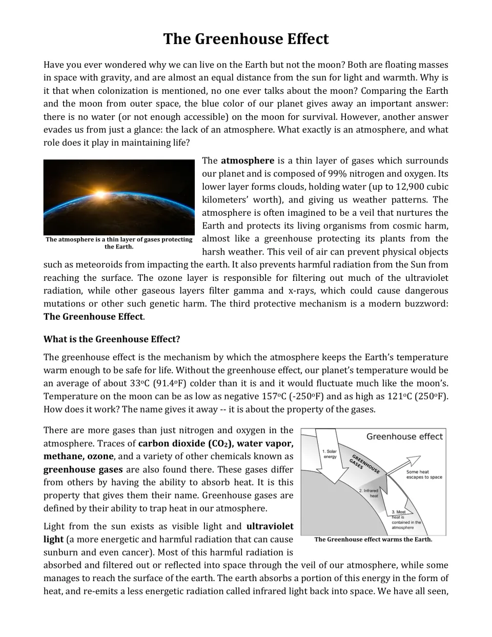 Atmosphere and greenhouse gases article: students read how CO2, methane and ozone trap heat, with a labeled heat diagram