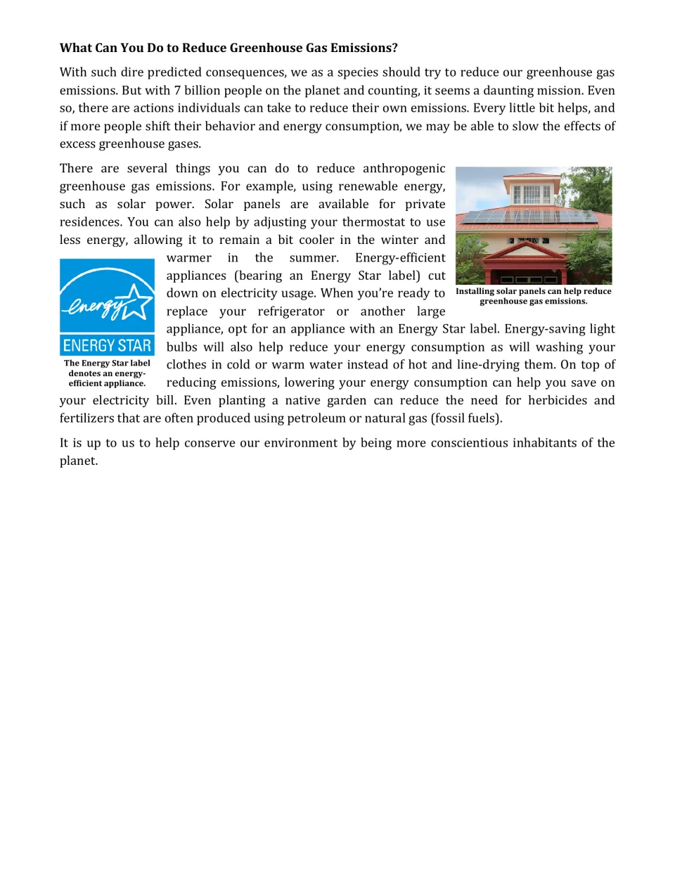 Cutting emissions at home: students read about solar panels, thermostat use, Energy Star appliances and line-drying