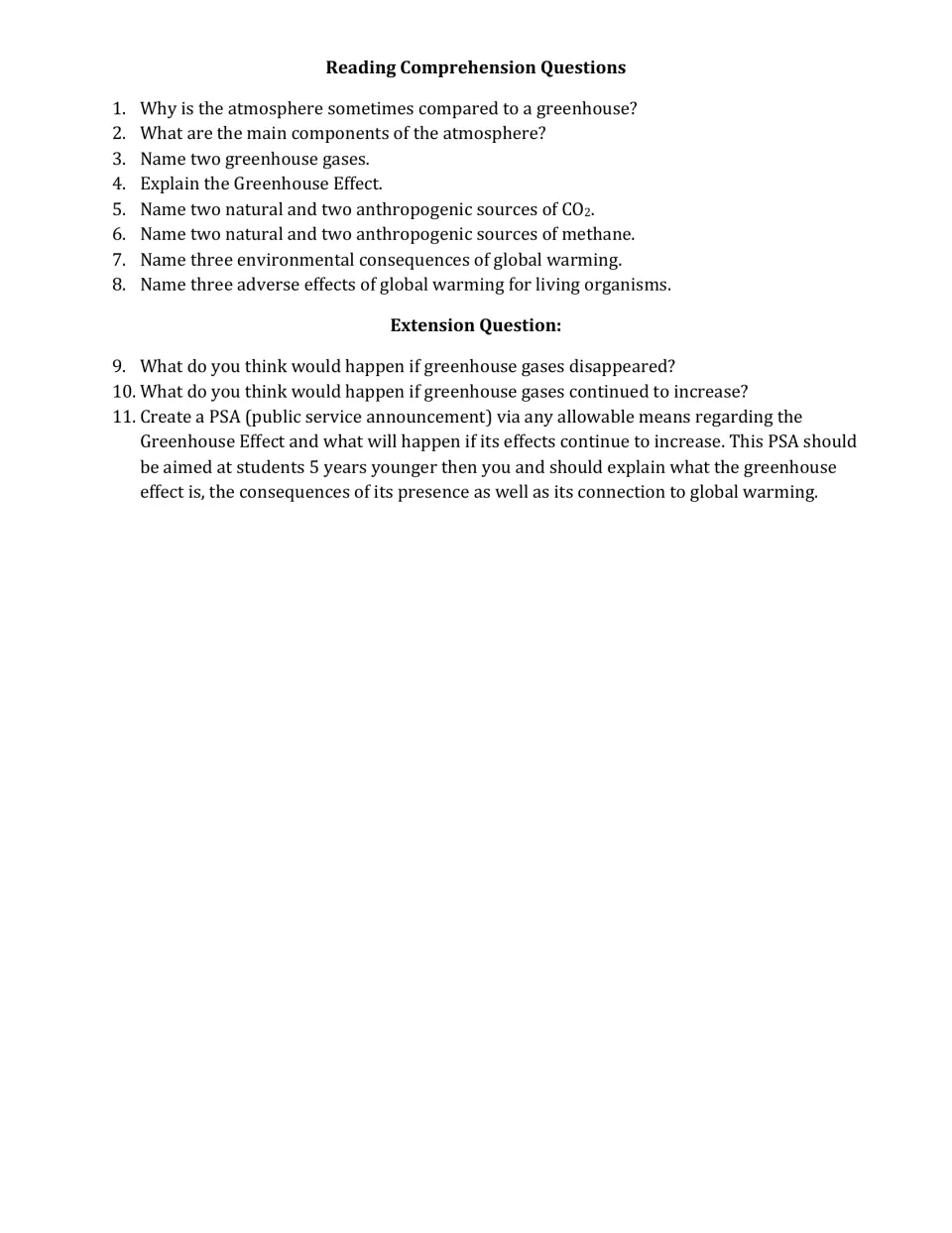 Reading comprehension questions: students explain greenhouse gases and their sources, then create a PSA in extension items