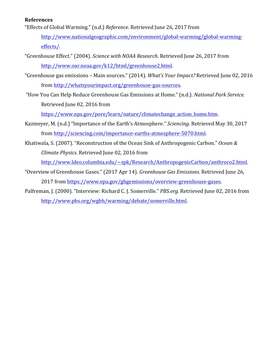 References list citing NOAA, EPA, National Geographic, National Park Service and other sources used for the article text