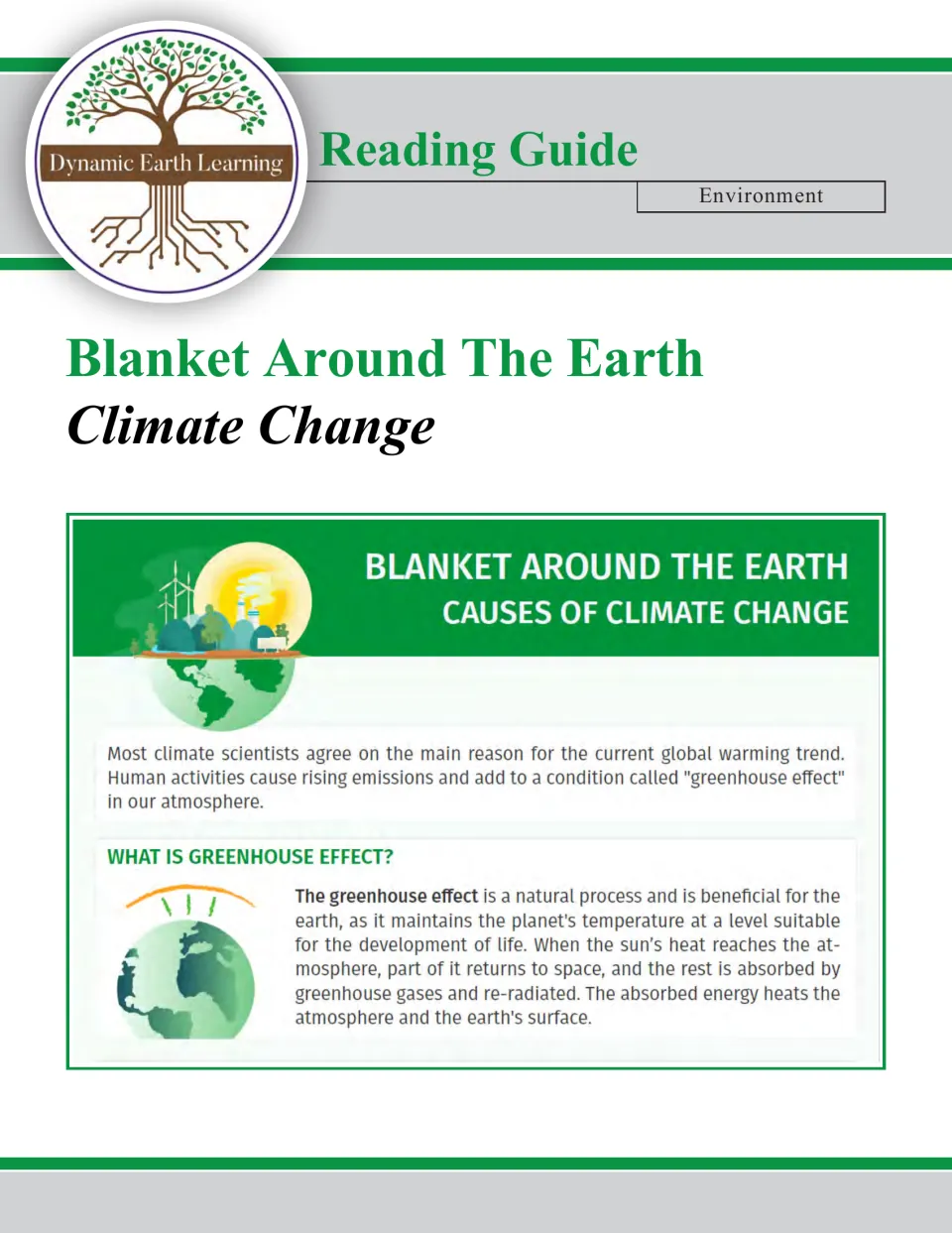 Reading guide cover: Blanket Around the Earth, Climate Change, with an excerpt explaining the greenhouse effect.