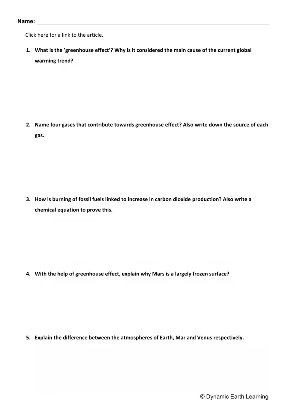 Reading response questions 1–5 cover the greenhouse effect, gas sources, fossil fuels, and planetary atmospheres.