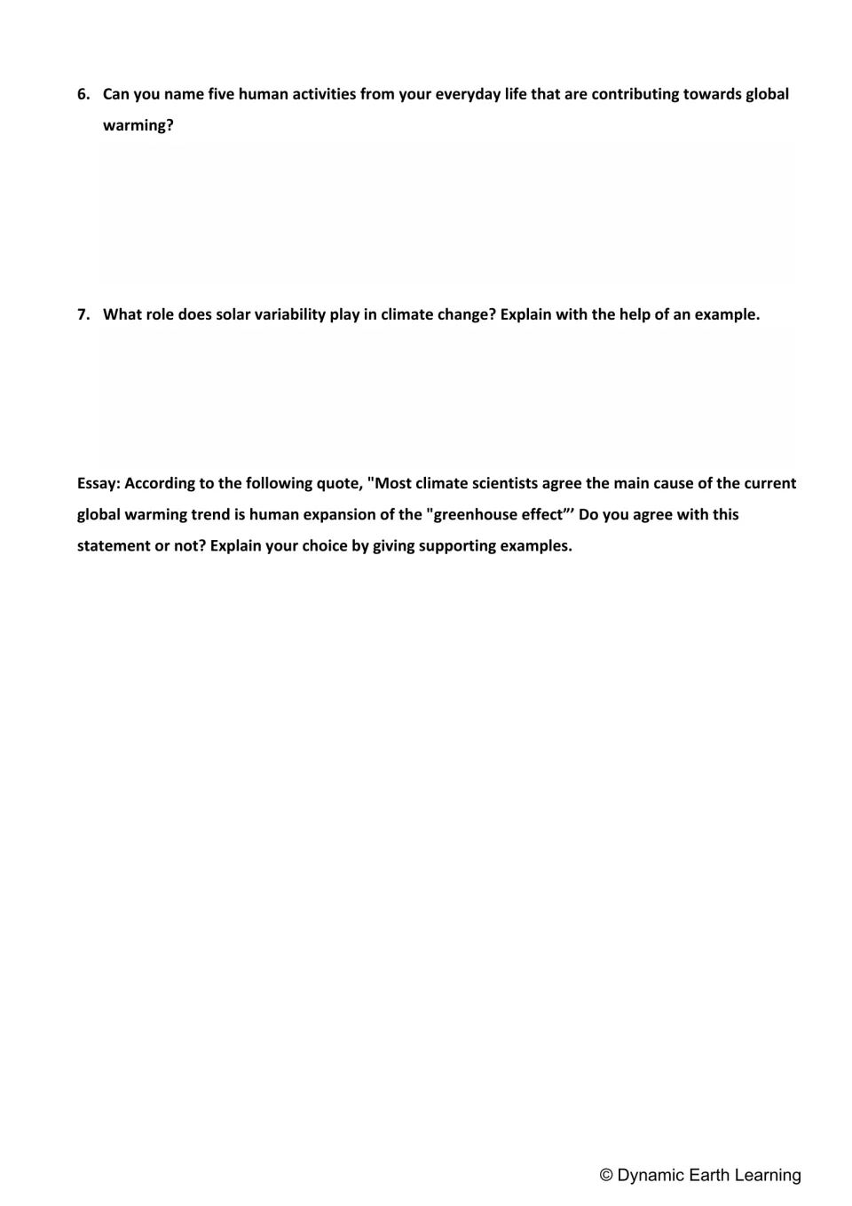 Reading response questions 6–7 address human activities and solar variability, followed by a global warming essay.
