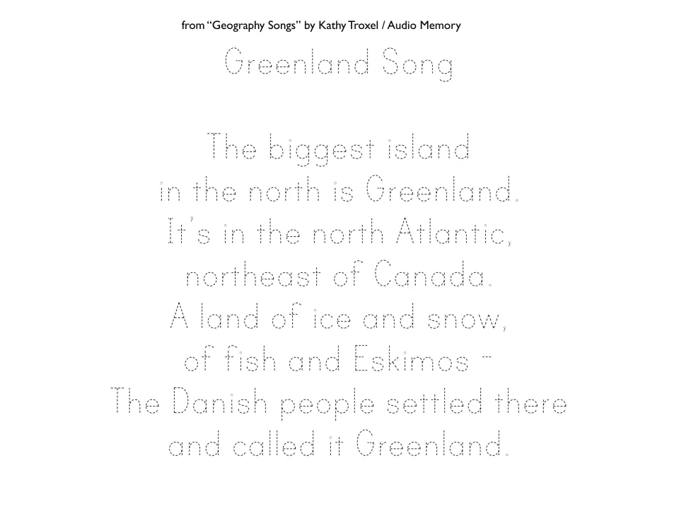 Song lyrics in dotted lettering describe Greenland's North Atlantic location, ice, snow, and fish.