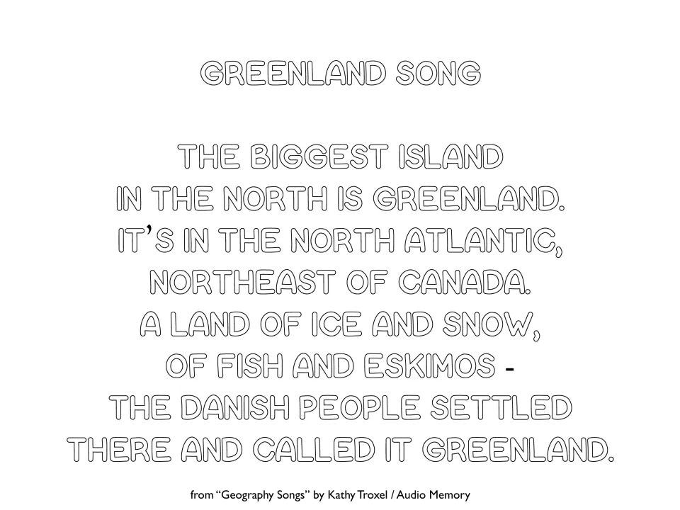 Song lyrics repeated in uppercase outline lettering describe Greenland's location and Danish settlers.