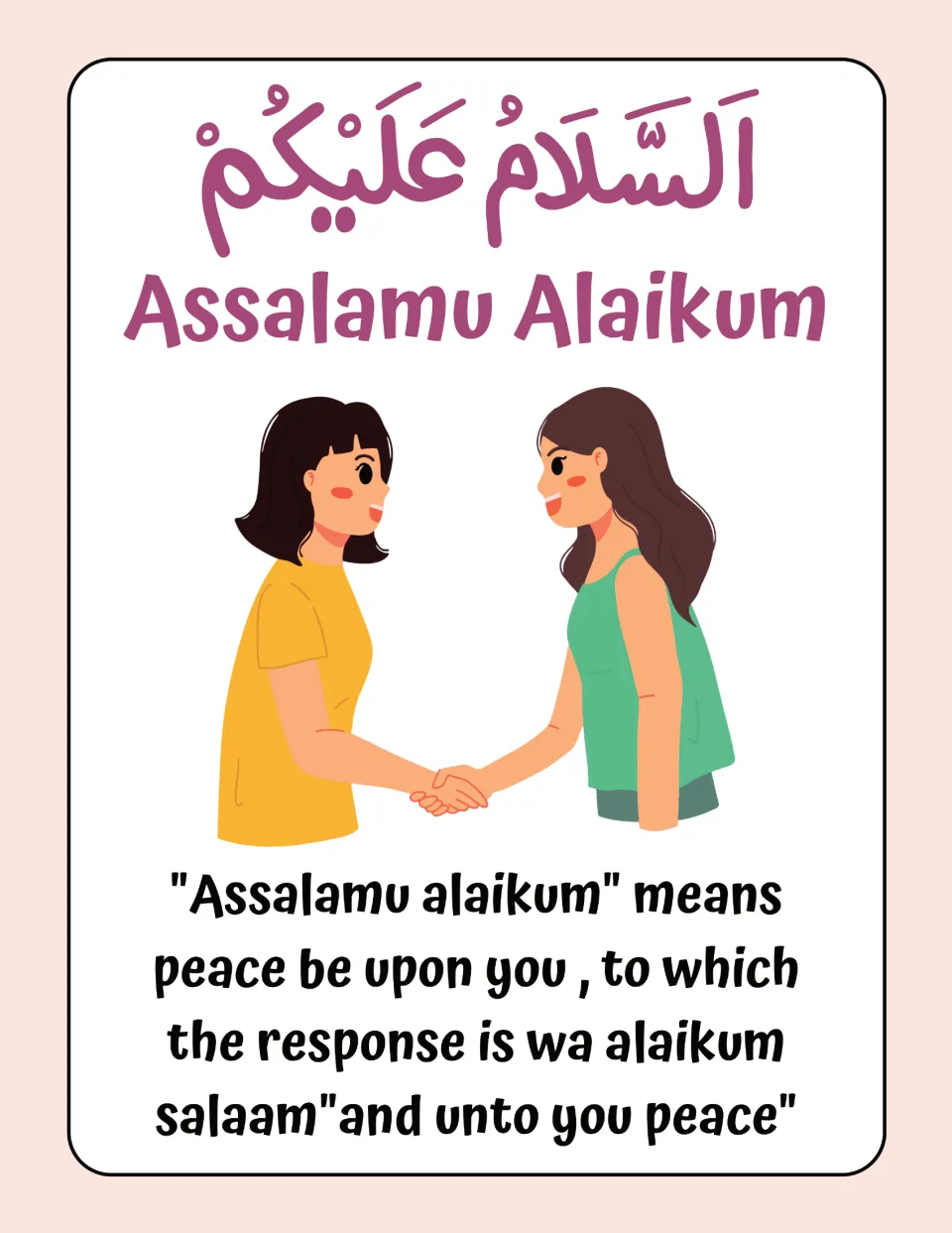 Assalamu Alaikum card in Arabic script, meaning peace be upon you, with the reply wa alaikum salaam; two girls shake hands