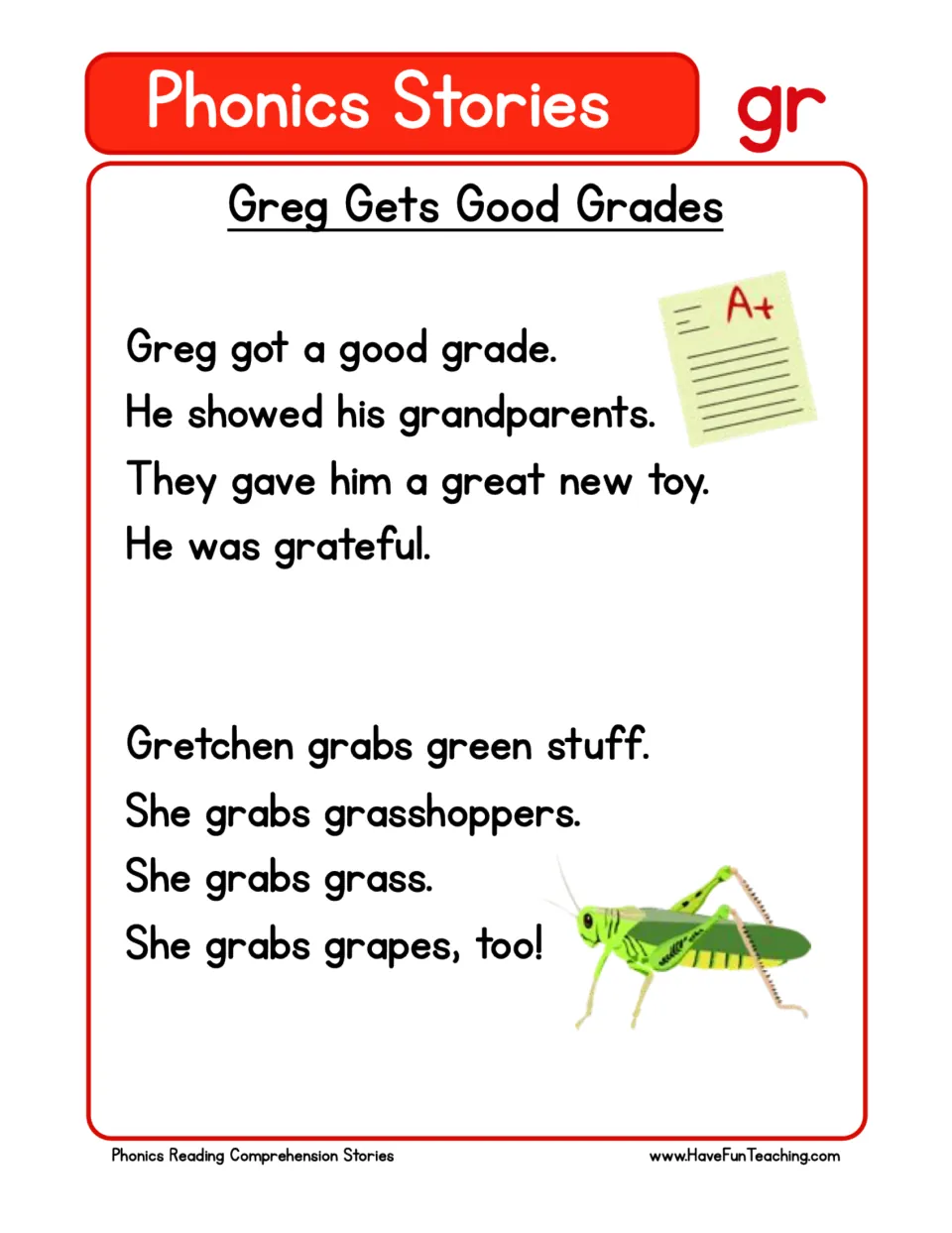 GR blend phonics story: students read short passages about Greg's good grade and Gretchen grabbing grass and grapes