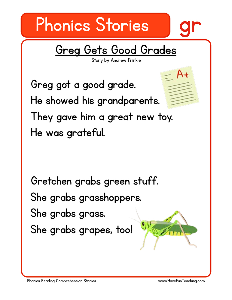 Greg Gets Good Grades GR Phonics Stories Reading Comprehension Worksheet teaching resource preview