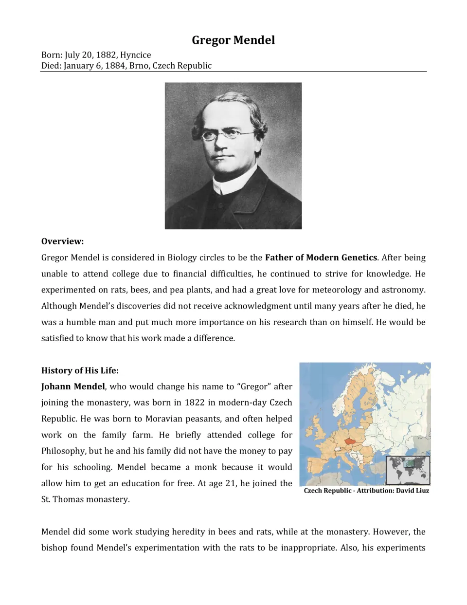 Gregor Mendel biography reading: portrait, overview and early life as a monk, with a map locating the Czech Republic
