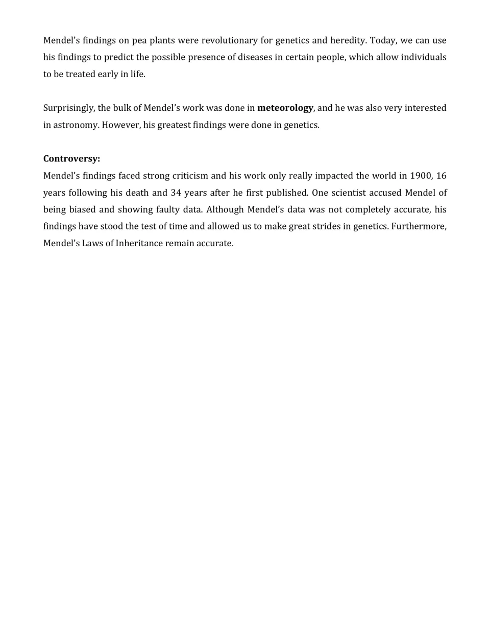 Closing reading section on Mendel's impact on disease prediction, his meteorology work, and the controversy over his data