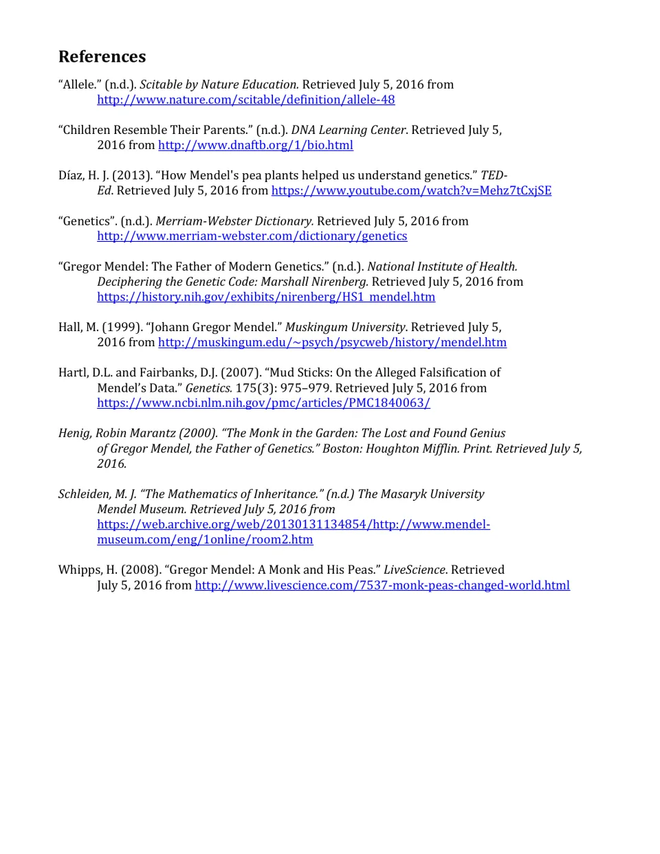References list of sources for the Mendel reading, including Scitable, DNA Learning Center, TED-Ed, NIH and LiveScience