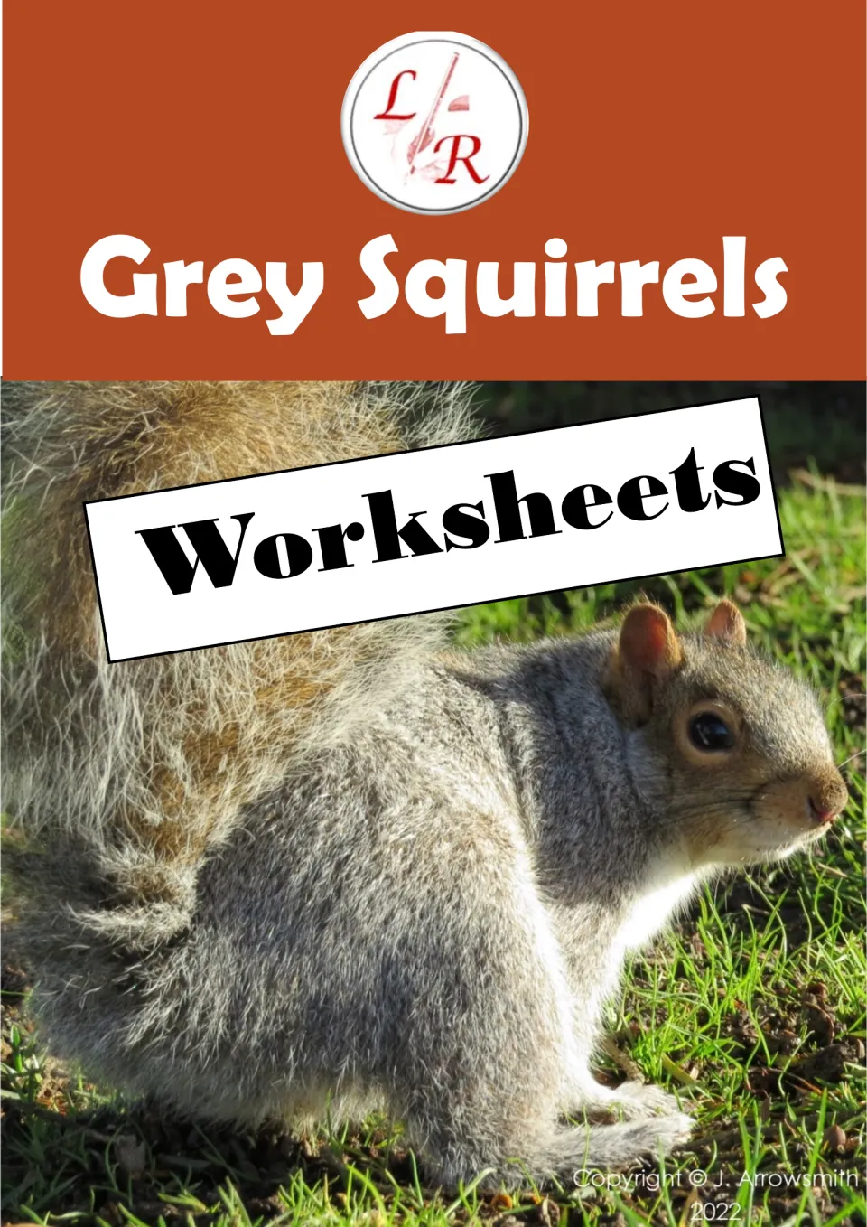 Grey Squirrels Worksheets cover with a close-up photo of a grey squirrel sitting on grass