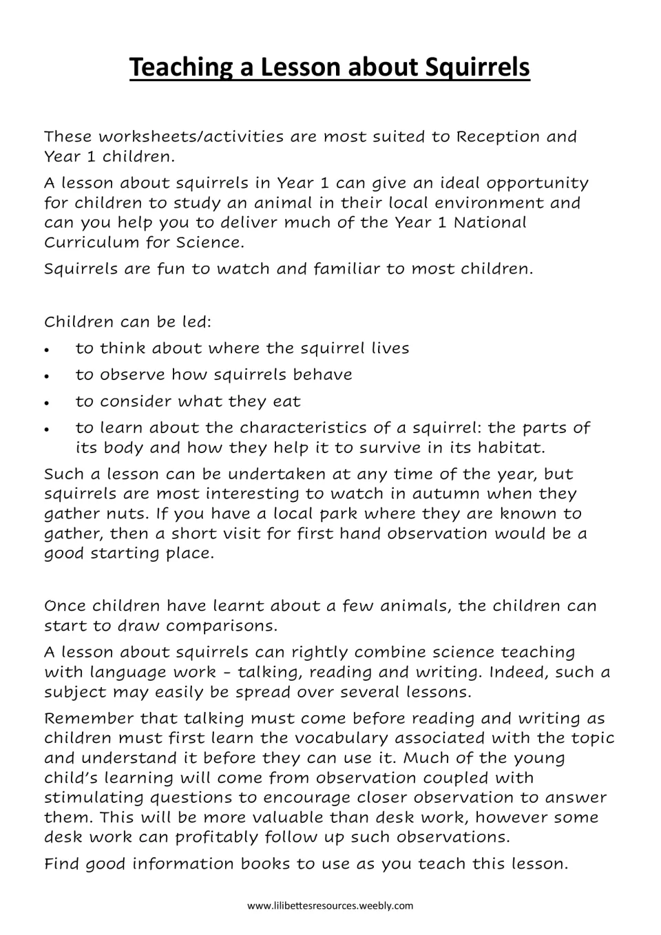 Teaching a lesson about squirrels: notes on observing where they live, how they behave, what they eat and their body parts