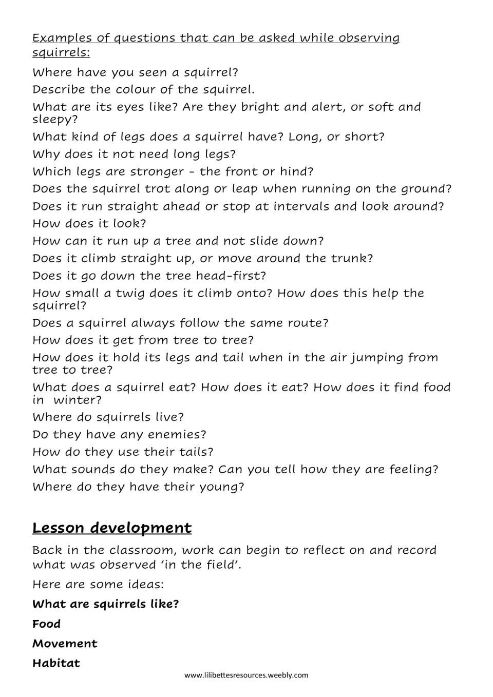 Questions to ask while observing squirrels, on legs, climbing, tails, food and young, then lesson development topics