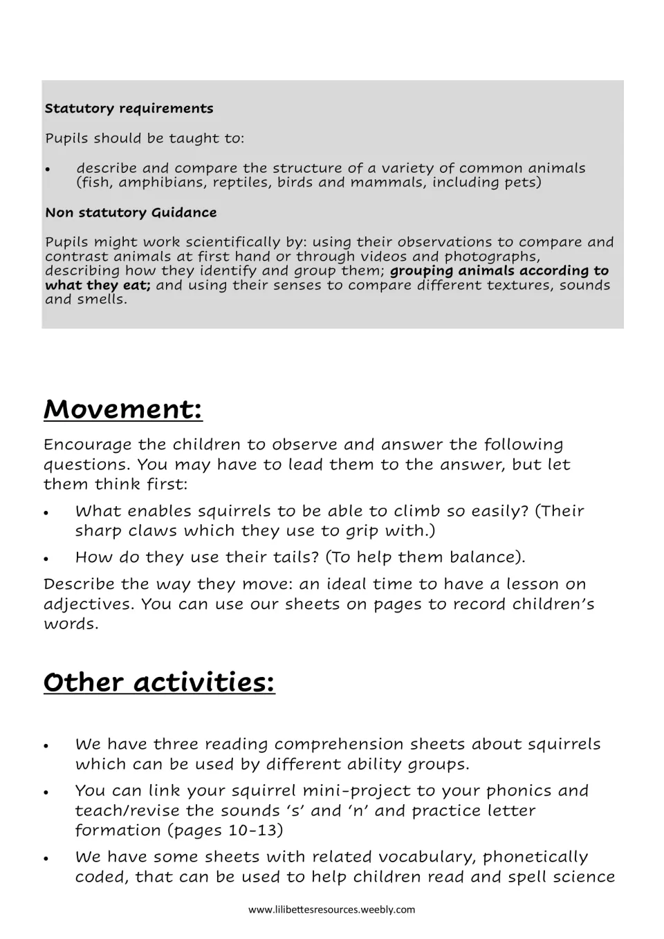 Movement notes on how claws help squirrels climb and tails help them balance, plus other activities like phonics links