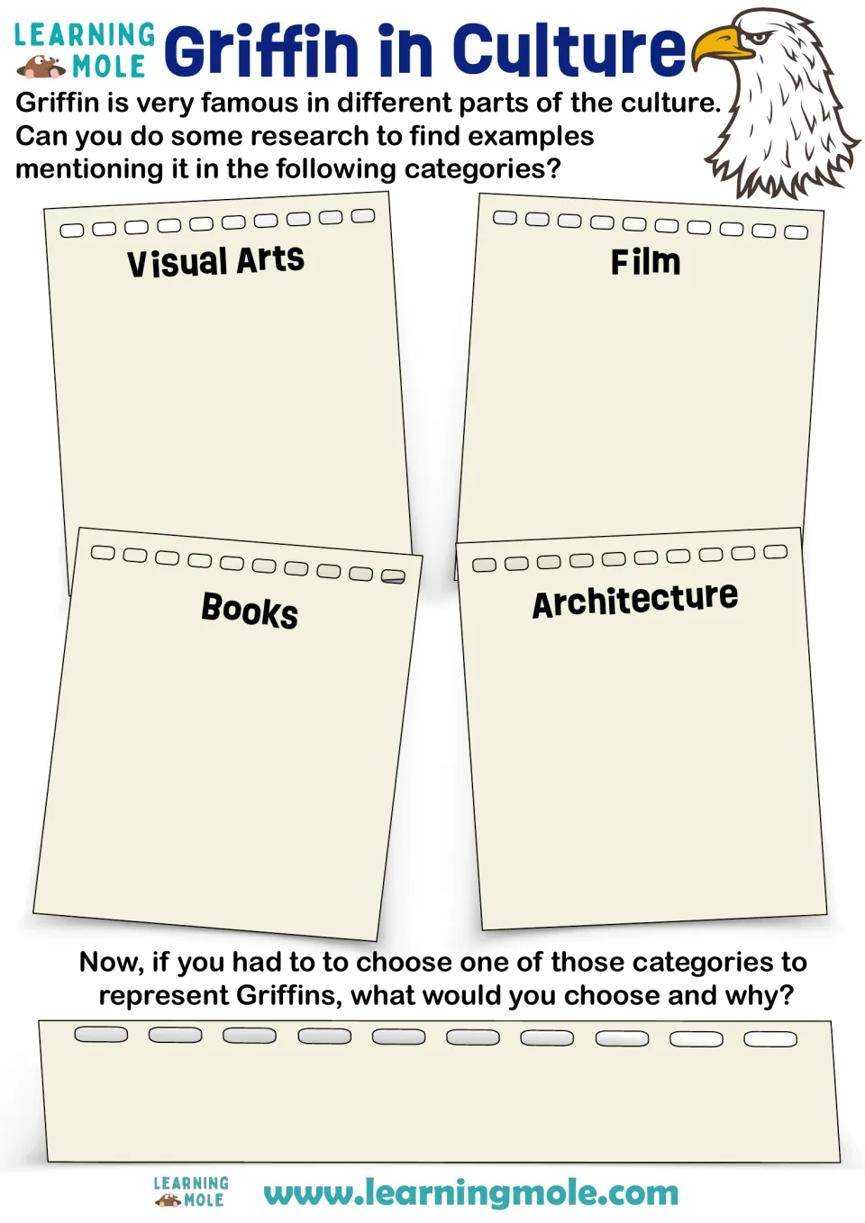 Griffins in culture research: students find griffin examples in visual arts, film, books and architecture, then pick one