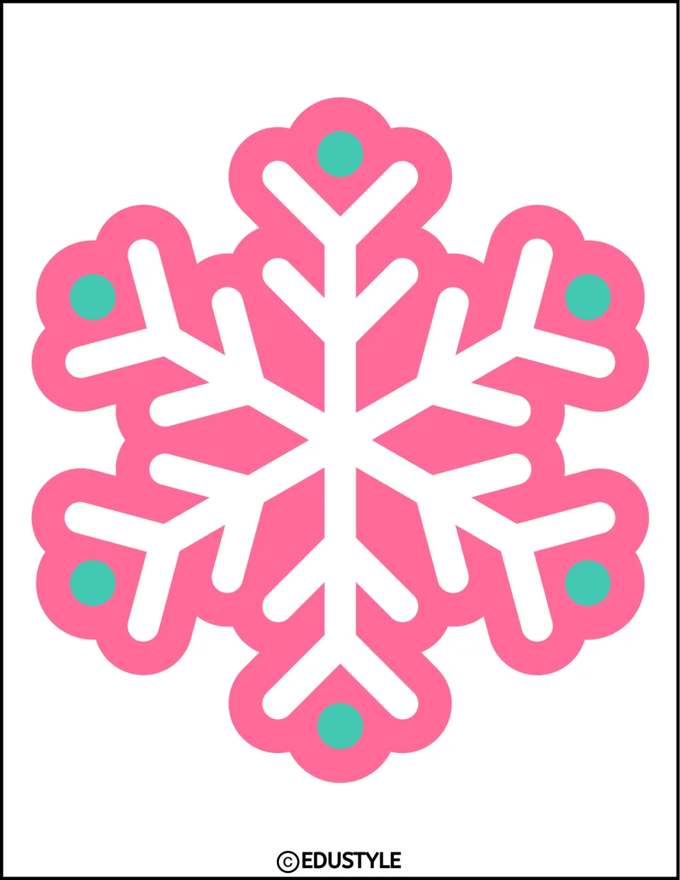 Single large pink snowflake cutout with white branches and teal dots for the Christmas classroom decor kit