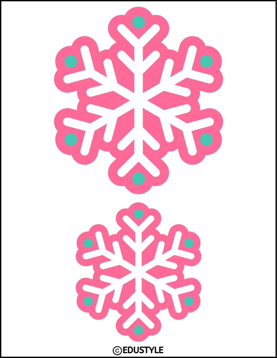 Two pink snowflake cutouts in different sizes, with white branches and teal dots, for Christmas classroom decor