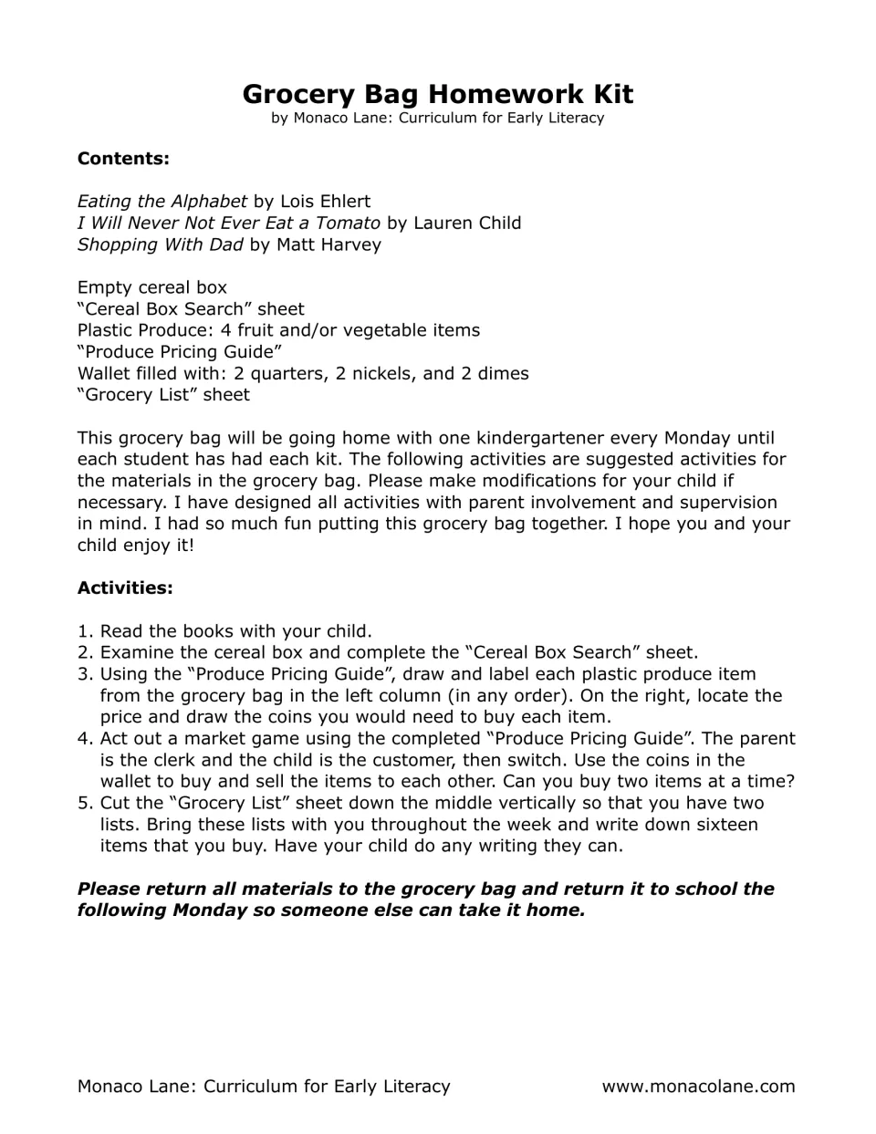 Family directions for the take-home kit include reading, a cereal box search, a market game, and list writing.