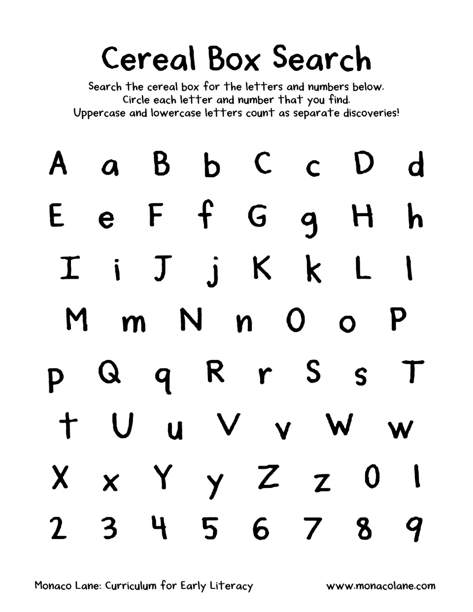 Cereal Box Search activity asks children to find uppercase and lowercase letters A–Z and numbers 0–9.