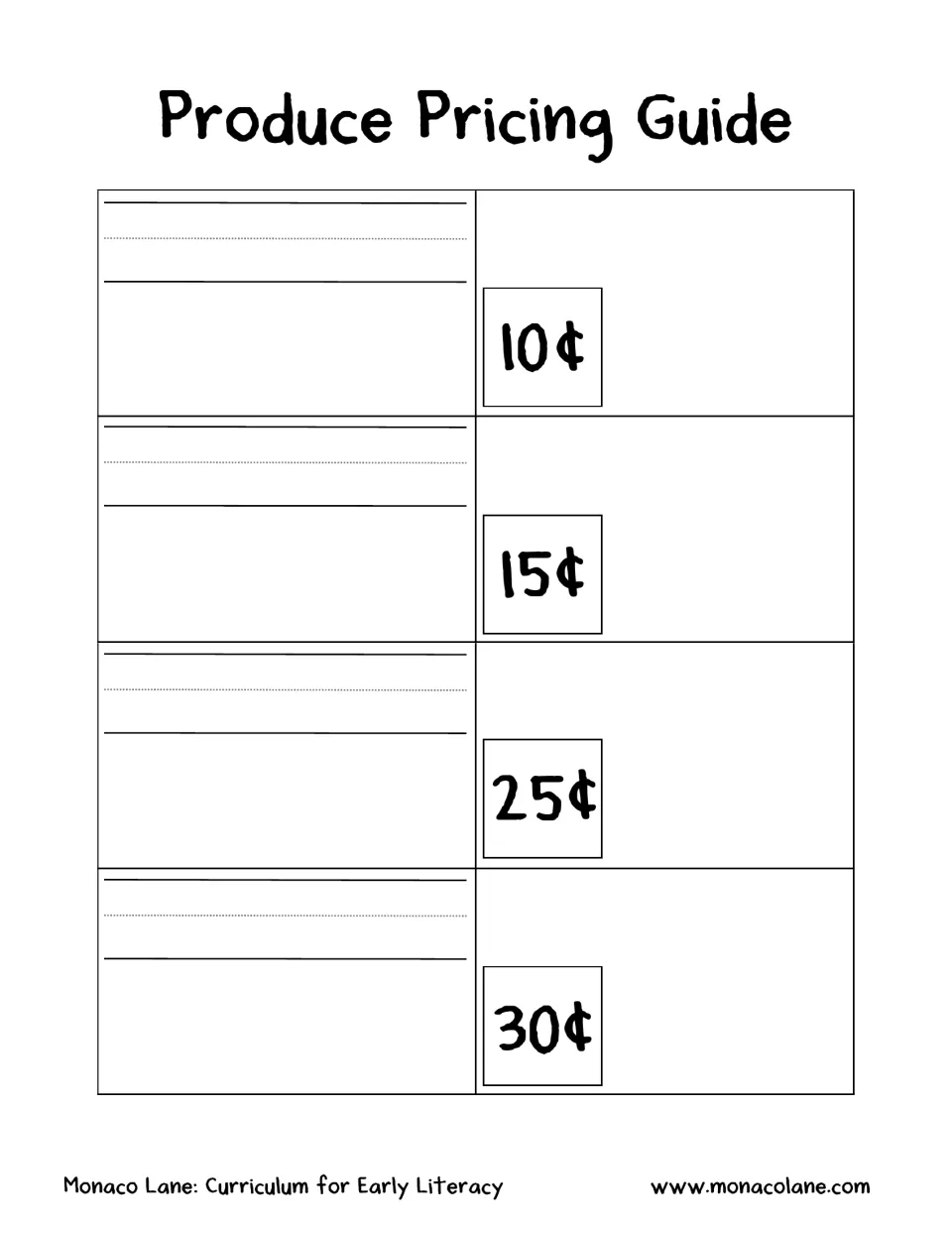 Produce Pricing Guide activity provides prices of 10¢, 15¢, 25¢, and 30¢ for drawing produce and matching coins.