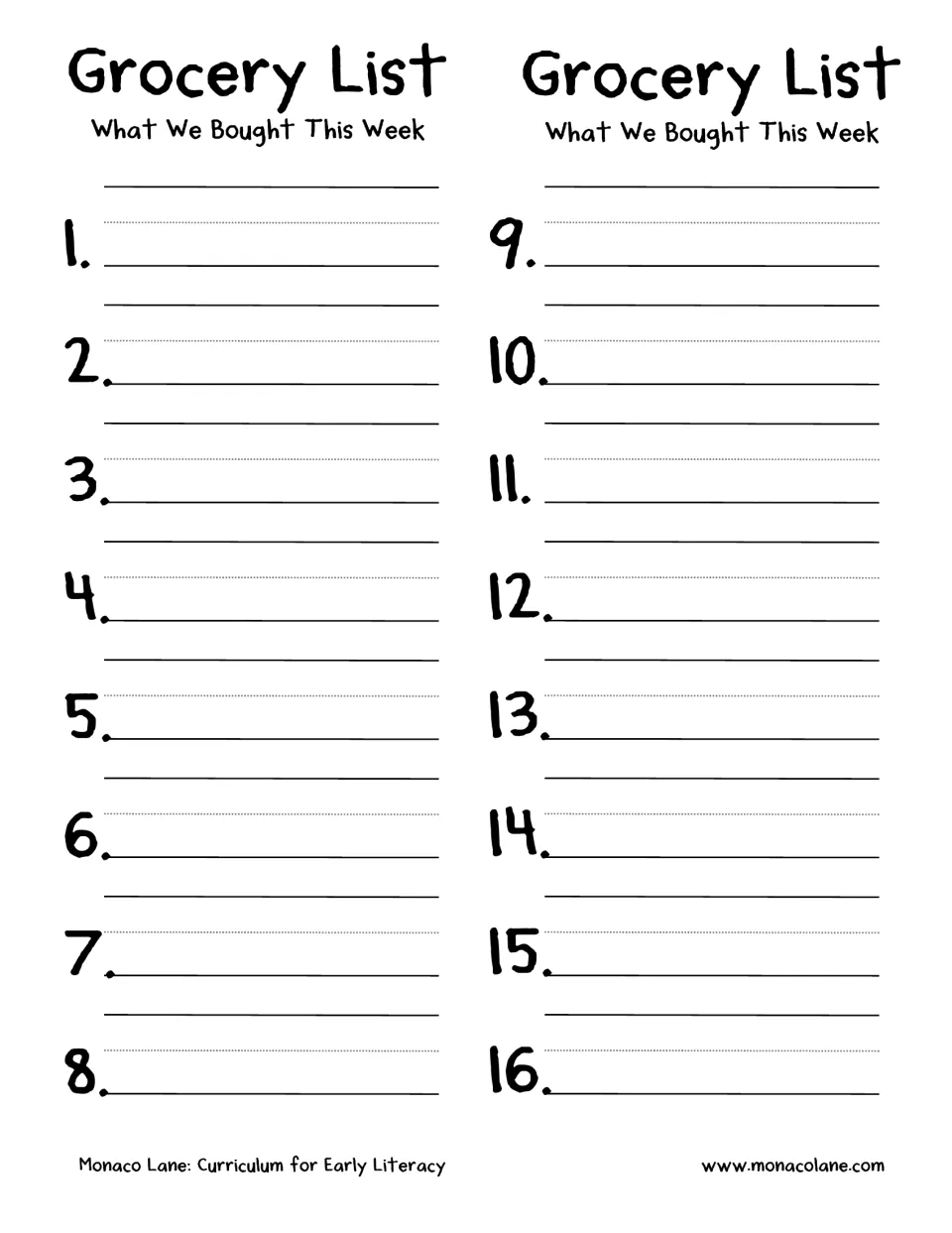 Grocery list activity has two lists numbered 1–8 and 9–16 for children to record items bought during the week.
