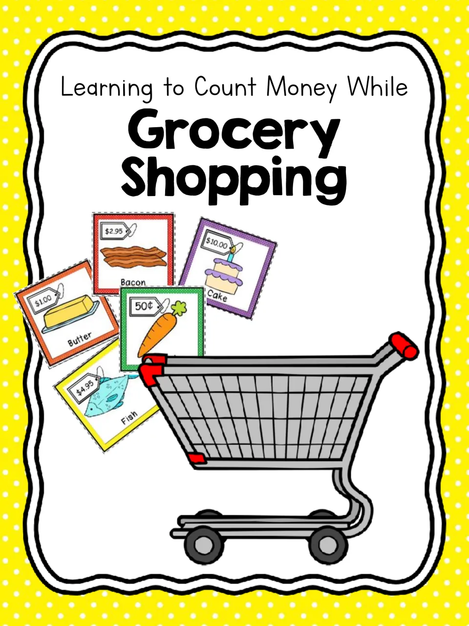 Cover for counting money while grocery shopping: priced food cards for butter, bacon, cake, carrot and fish beside a cart