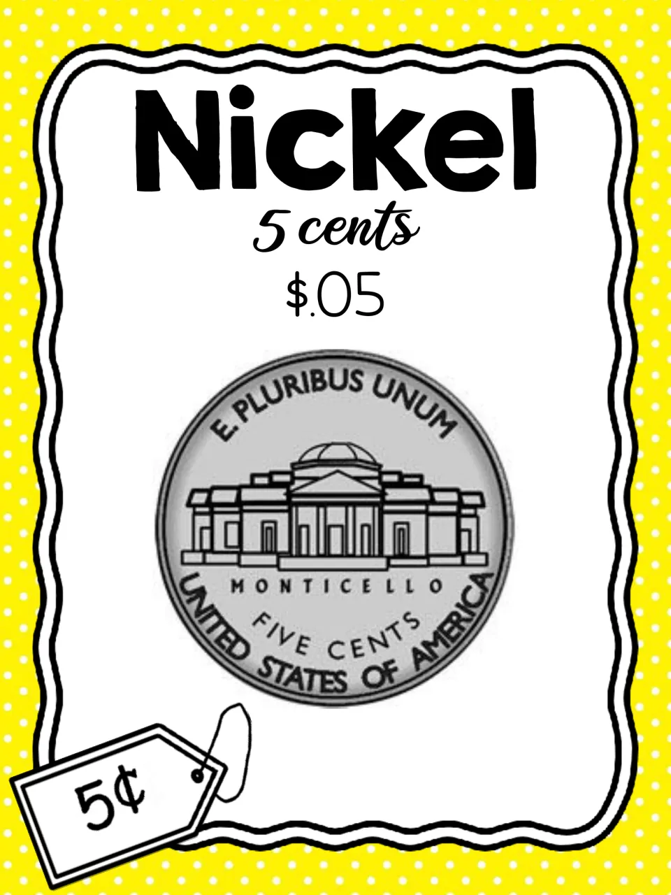 Nickel money card: the 5 cent coin with Monticello, labeled 5 cents, $.05 and a 5¢ price tag for identifying coin values