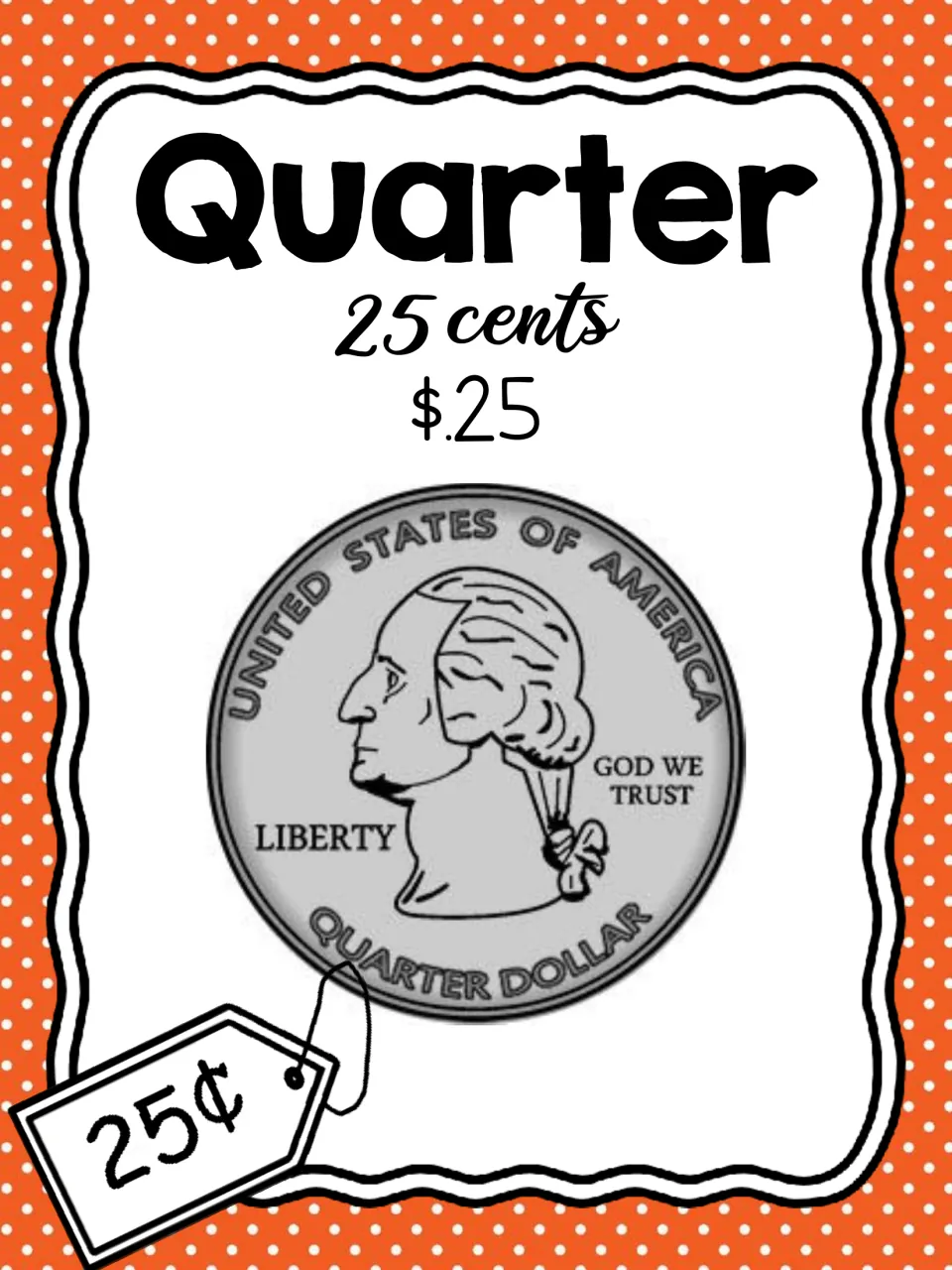 Quarter money card: the 25 cent coin labeled 25 cents and $.25 with a 25¢ tag, showing cents and decimal dollar notation