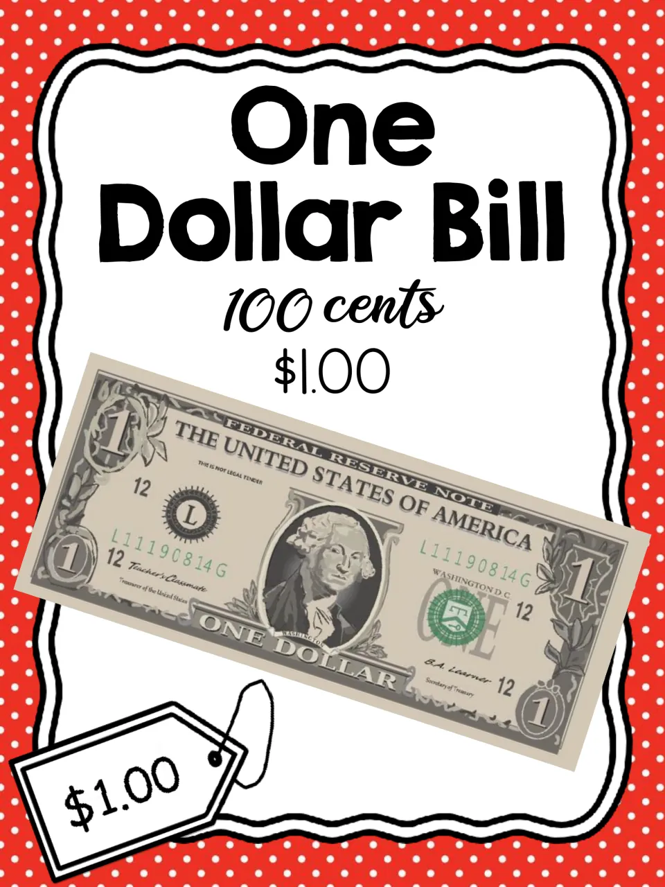 One dollar bill card: the $1 bill labeled 100 cents and $1.00 with a price tag, linking cents to dollar notation