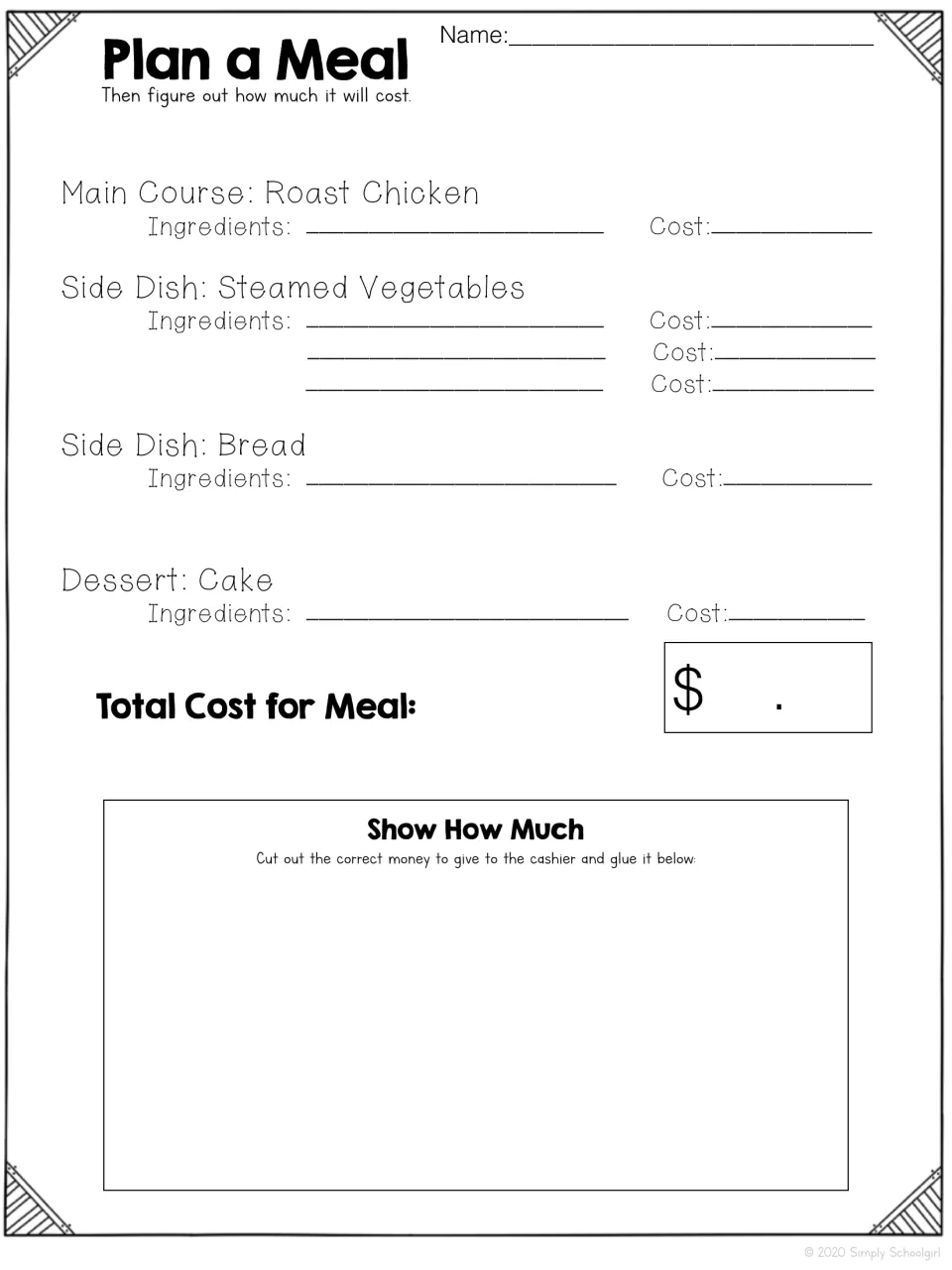 Plan a Meal: students list ingredients and costs for roast chicken, vegetables, bread and cake, total it, then glue money