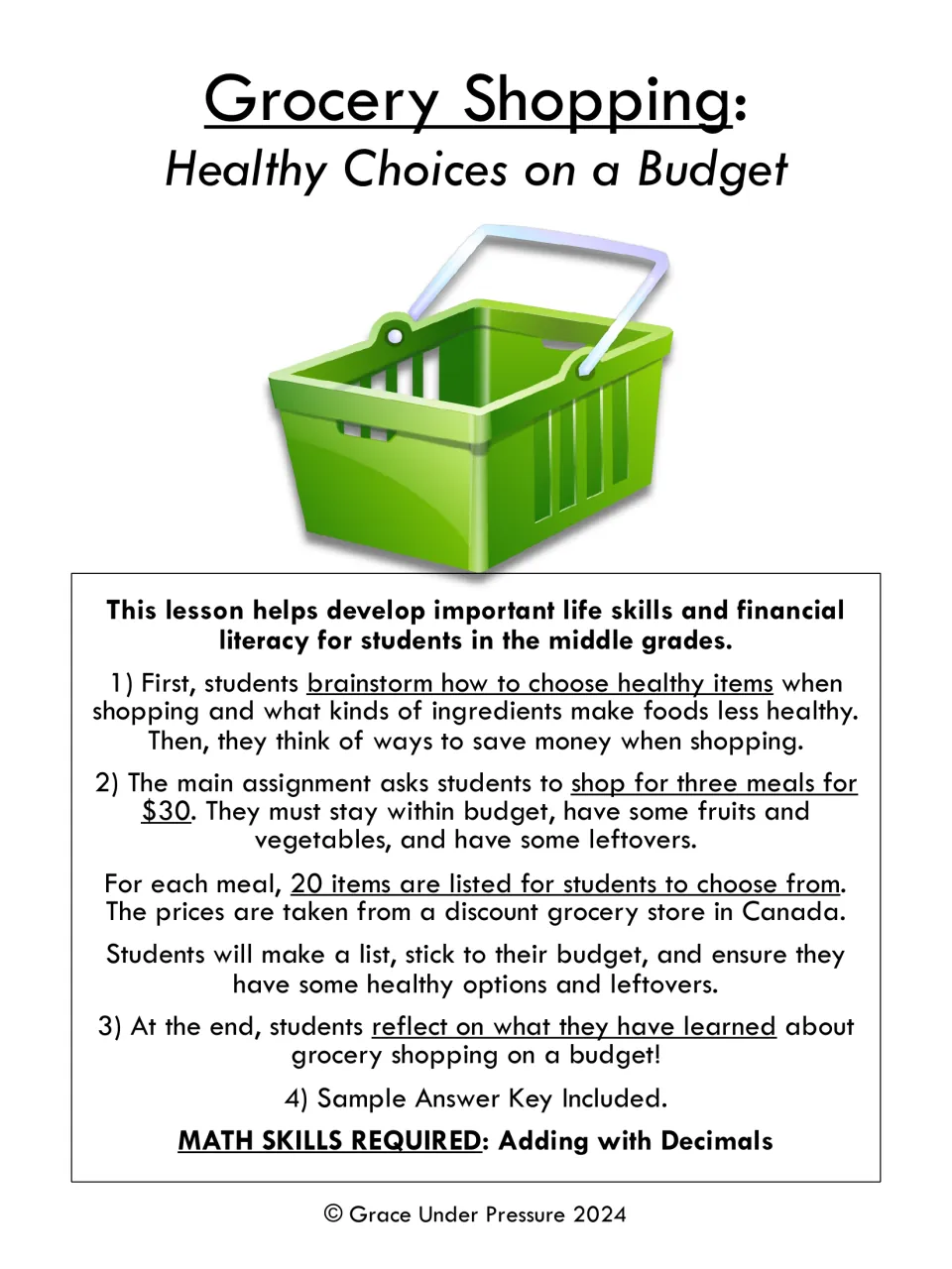 Grocery Shopping: Healthy Choices on a Budget cover with a basket and an overview of the $30 three-meal shopping lesson
