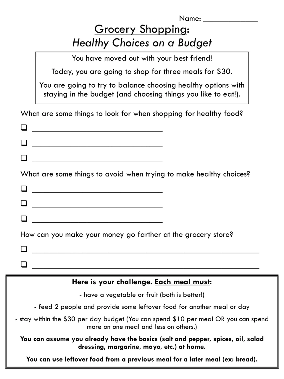 Healthy shopping brainstorm: students list what to look for and avoid, ways to save money, and read the $30 meal rules