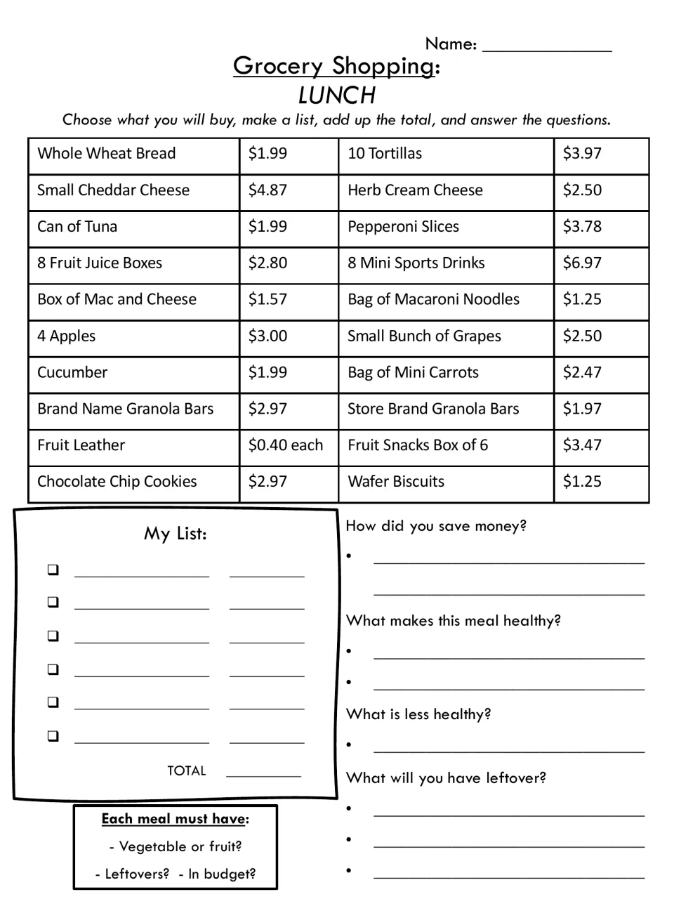 Lunch shopping: students choose from 20 priced items such as tuna and apples, add the decimal total, and judge healthiness